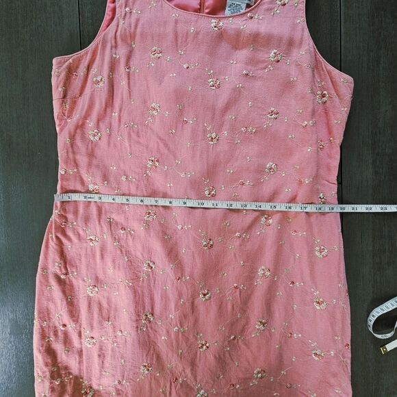 Vintage Floral Embroidered Pink Linen Blend Shift Dress Size 14 Romantic Lined - Picture 4 of 10